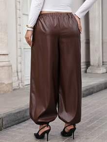 SHEIN Clasi Damen Große Größen einfarbig elastischer Bund PU-Leder lässig Gothic sexy 70er Jahre vielseitig Alltagskleidung lange Hose Herbst Nacht Ausgehen Braun - Braun - Übersicht 2
