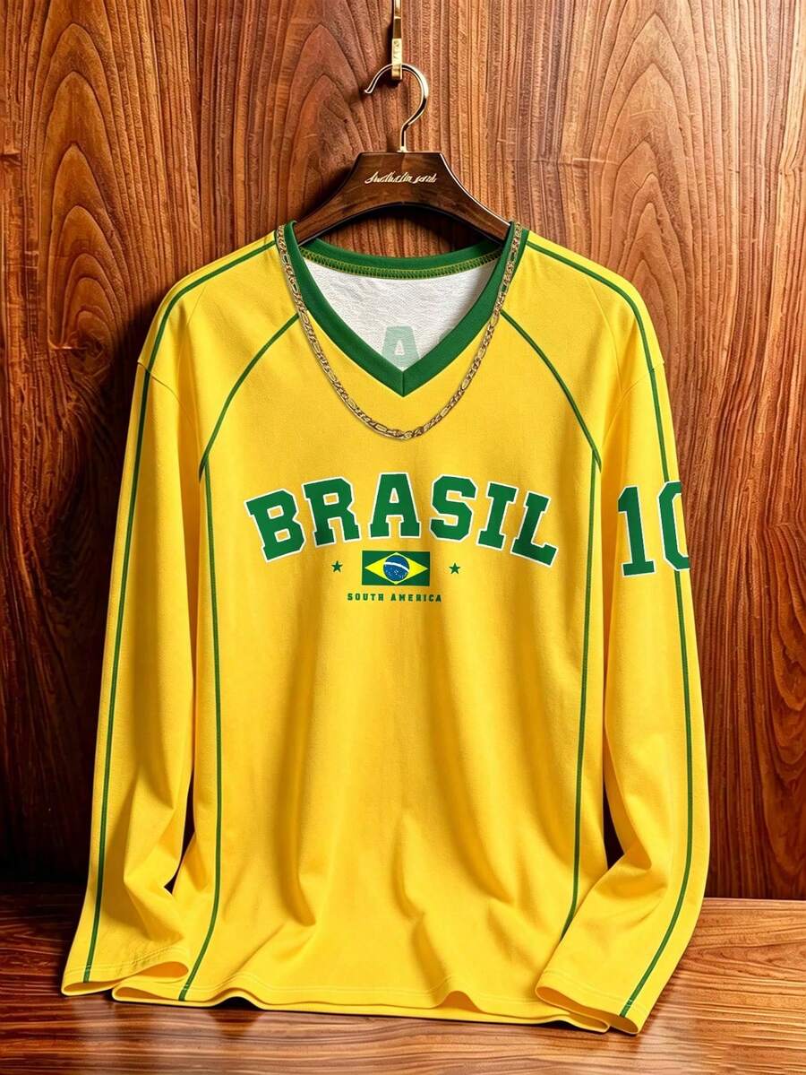 Manfinity Campus Court American Vintage Brazil Team Badge & Letter Print Jersey Top, Street Casual V-Neck Long Sleeve Shirt, Men's & Women's Graphic T-Shirt, Men's Autumn/Winter Fashion Travel Sports Shirt, Football, Football Supplies - Multicolor - View 1