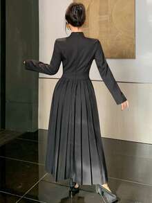 Joudiya Vestido largo elegante para mujer de estilo militar, negro, de otoño, con cuello alto pequeño, manga larga, doble botonadura con botones metálicos, falda plisada completa y cintura ceñida, ideal para ir a la oficina y citas - Negro - Ver 3