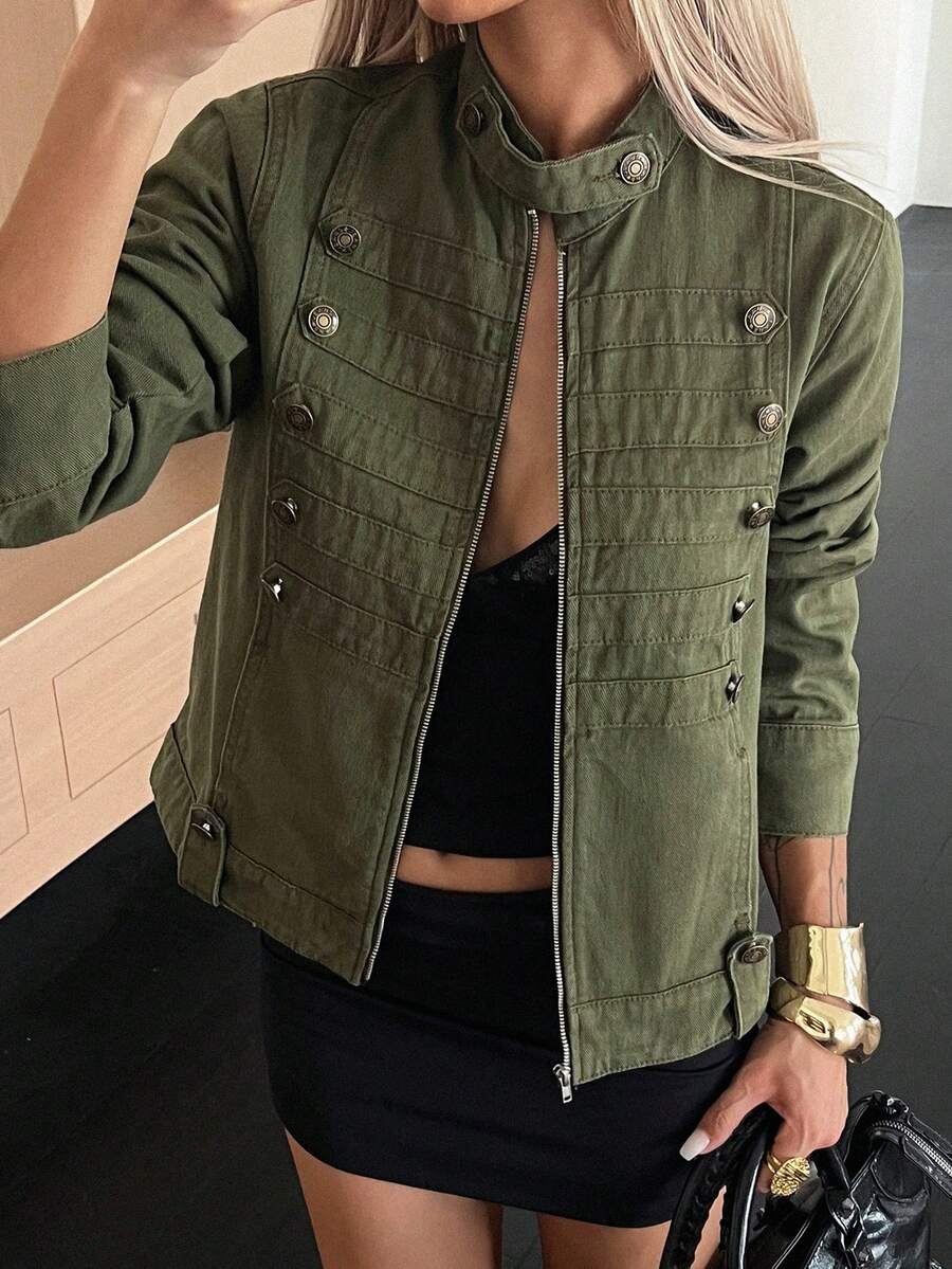 DAZY Women's Fall Stand Collar Parka Napoleon Style Jacket, Olive Green ...