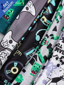 [Randomly Sent 1 Set]Tween Boys Pajamas, Spring/Summer New Fashion Hot-Selling Sports Football, Game Micro World Block Dinosaur, Game Console Controller Combination Pattern Print, Knitted Tight-Fit High Elastic Fabric Short Sleeve Long Pants Pajama 2-Piece Set - Multicolor - View 3
