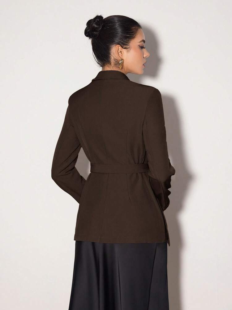 Heiryn Blazer de mujer de unicolor con solapa, manga larga y nudo lateral, para volver a la escuela en otoño/invierno - Marrón Chocolate - Añade 2