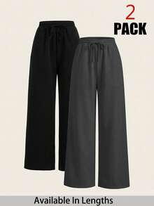 SHEIN PETITE CURVE Plus Size Solid Color Versatile Drawstring Waist Pocket Long Pants 2pcs Set For Daily Wear Fall - Multicolor - View 1