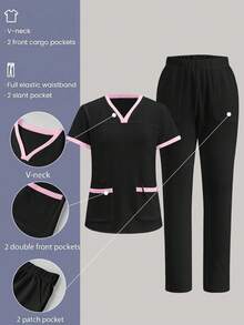 TaskEZ Scrub Set, Solid Color Minimalist Daily Short Sleeve Top And Pants Scrub Set - Multicolor - View 1