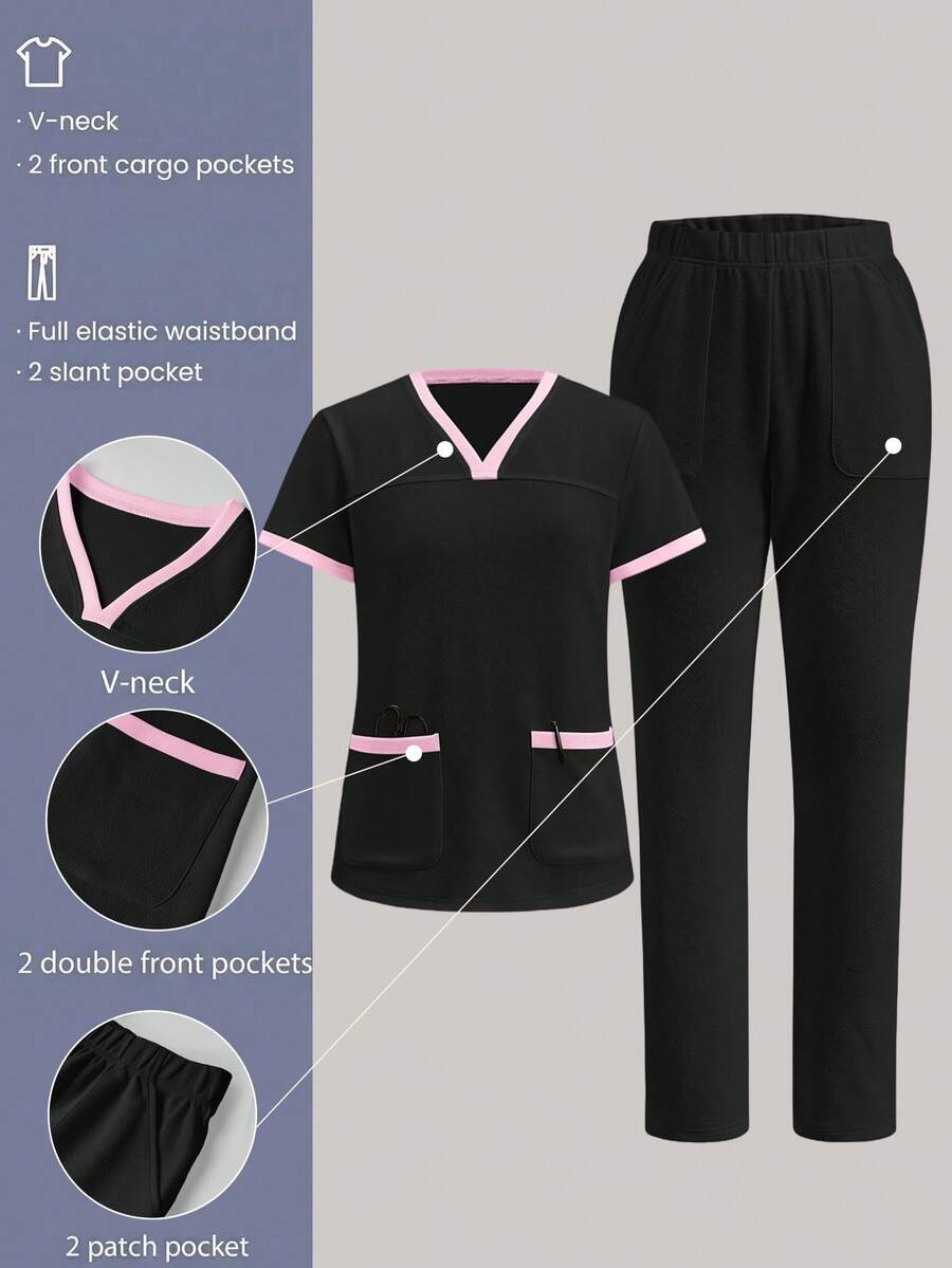 TaskEZ Scrub Set, Solid Color Minimalist Daily Short Sleeve Top And Pants Scrub Set - Multicolor - View 1