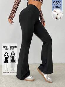 SHEIN PETITE 簡約純色包腰高腰喇叭褲 - 黑色 - 查看 6