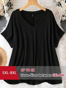 SHEIN CURVE+ Plus Size V-Neck Loose Knit T-Shirt Dress - Black - View 1