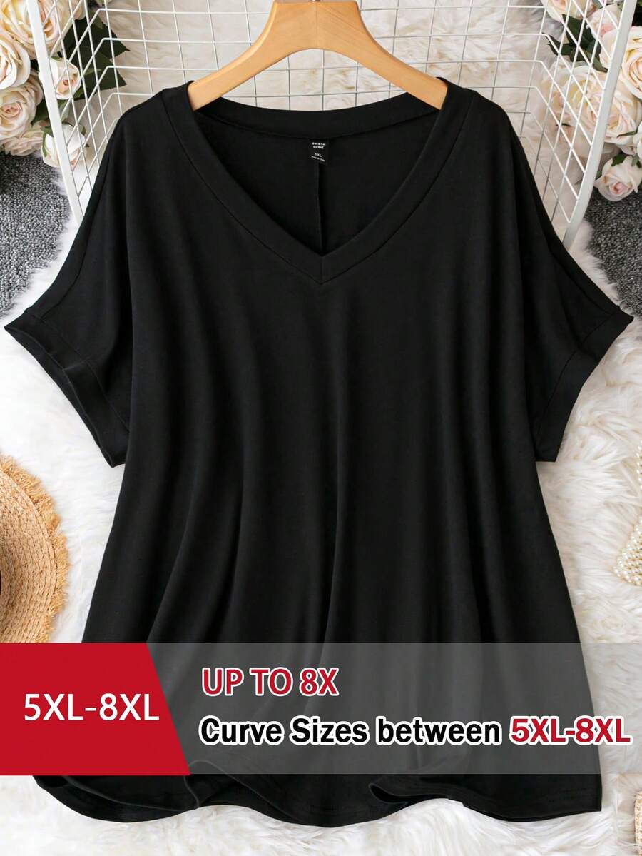 SHEIN CURVE+ Plus Size V-Neck Loose Knit T-Shirt Dress - Black - View 1