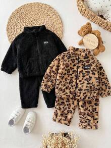 SHEIN 2件裝女嬰秋冬可愛豹紋毛絨彈性腰長褲 - 彩色 - 查看 5
