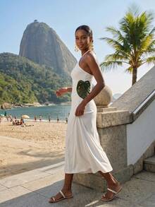 CAJUNI Vestido de vacaciones para mujer con bordado, calado, plisado, cuello halter y lazo en la cintura - Crema - Ver 4