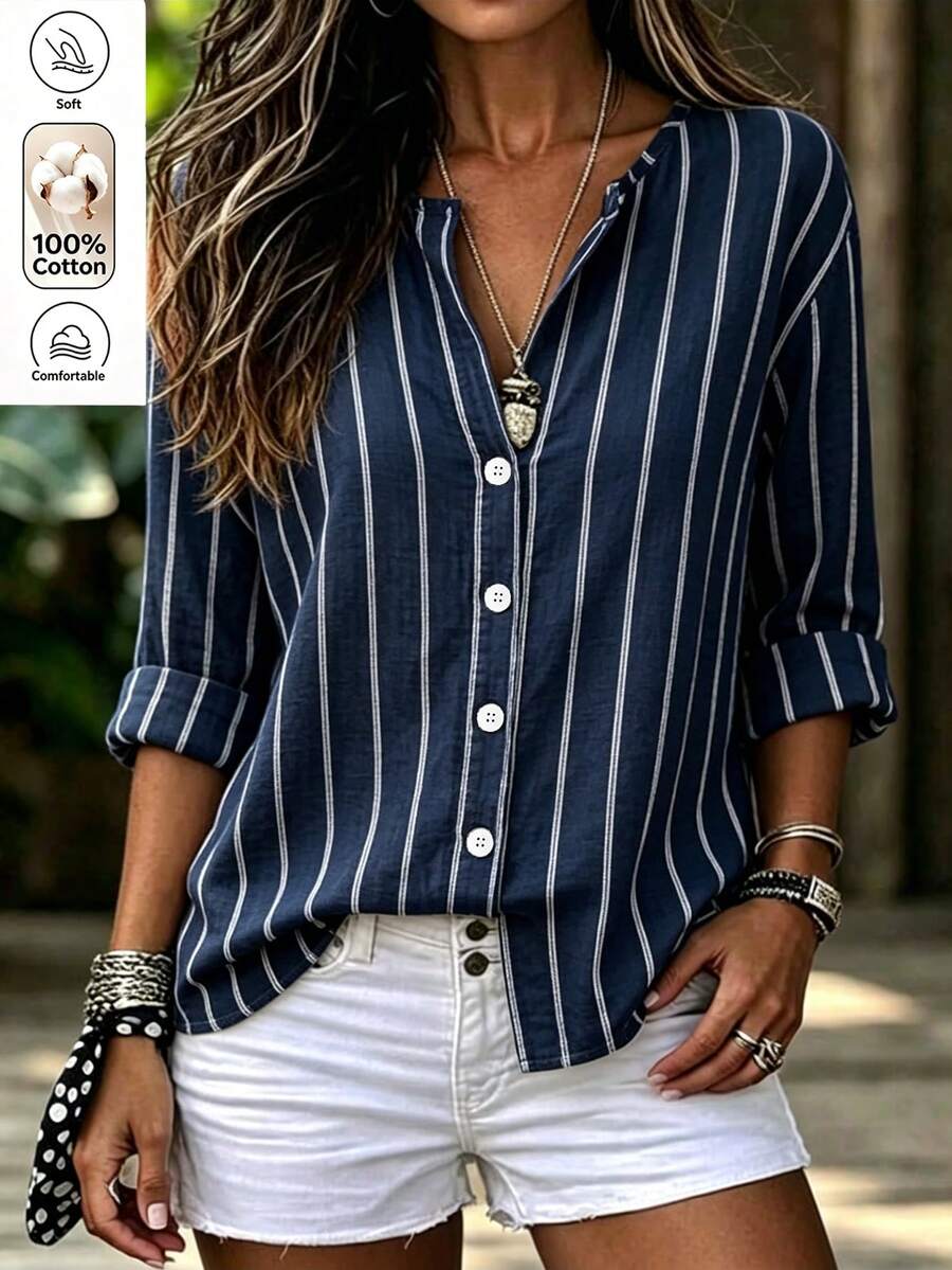 Holdful Holdful Women's Casual Striped Long Sleeve Shirt, Autumn - Navy Blue - View 1