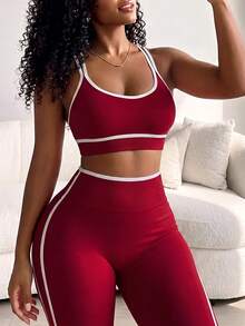 BamGleam Seamless High Elasticity Women's Color Block Top And High Waist Leggings Casual Daily Sports Set - Burgundy - View 4