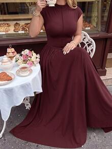 SHEIN MOD Plus Size Women's Brown High Neck Long Knit Dress,Valentine's Day,Wedding,Elegant Dresses,White Dress,Wedding Guest Dress For Women, Spring/Summer Outfits, Tea Party Outfit Women, Holidays, Birthday - Burgundy - View 4