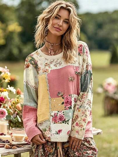 Selamara Hot-Selling New French Vintage Bohemian Pastoral Patchwork Ditsy Floral Crew Neck Long Sleeve T-Shirt, Simple Basic Relaxed Casual Women's Top With Pastoral Outing Vibe