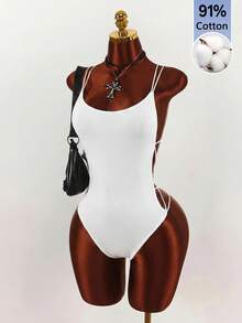 Amplova Bodysuit Pas Badan Tanpa Lengan dengan Tali Bahu Ganda dan Desain Silang - Putih - View 4