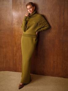 MOTF PREMIUM WOMEN SOLID HIGH NECK RAGLAN SLEEVE CABLE KNIT SWEATER & SPLIT HEM KNIT SKIRT SET - Green - View 5