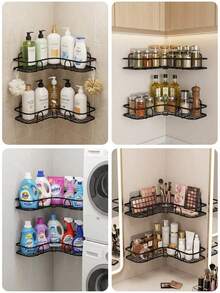 1pc Bathroom Triangle Rack With No-Drill Heavy-Duty Rustproof Corner Shelves For Holding Shampoo Bottles In Shower Corner Or Kitchen Sink Organizer Rack Wall Shelves & Corner Shelves Home Decor Essentials - Black - View 9