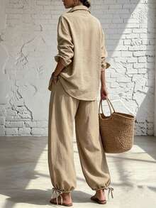 Breezaya Autumn Women's Clothing, Casual Suit, Business Suit, Khaki A-Line Shirt And Wide-Leg Ankle Trouser Set, Vacation, Fashion, Brunch OutfitSet - Khaki - View 2