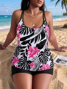Swim Lushoire Traje de baño vestido con pantalones cortos estampados tropicales para playa en verano en tallas grandes - Negro - Ver 6