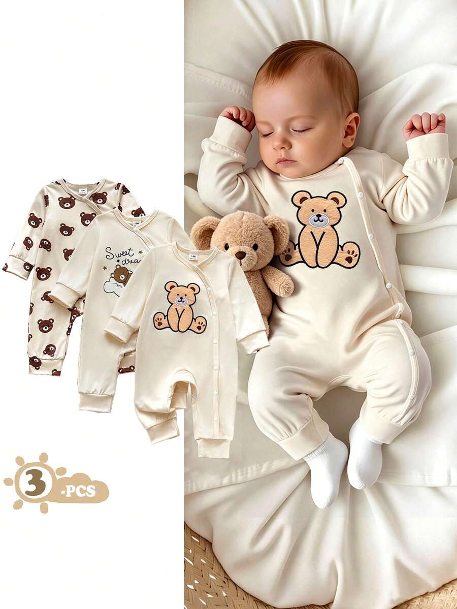 SHEIN Vintaside Kids 男嬰幼兒 0-3 歲,可愛動物印花連身衣三件套 - 棕色 - 查看 1