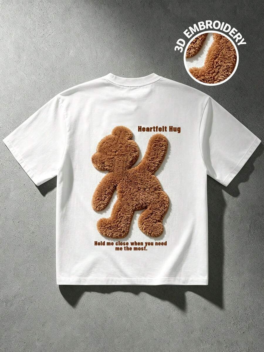 STEELVANCE Camiseta blanca de verano con bordado 3D de oso, letra "Abrazo sincero", manga corta, diseño lindo, para uso diario, vacaciones, regalos, adecuada para hombres y mujeres - Blanco - Ver 1