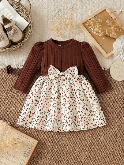 SHEIN Vintaside Kids 1pc Baby Girl Spring/Autumn Coffee & Beige Floral Vintage Pastoral Style Vertical Stripe Puff Long Sleeve Patchwork Floral Big Bow Waist A-Line Dress Loose Umbrella Skirt Fit For Daily Outings Outdoor Spring Outings 1st Birthday Party Family Gathering Photo Shoot