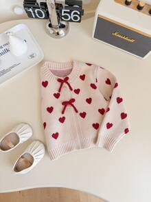 SHEIN Young Girls Cardigans Knit Autumn/Winter Heart Pattern Fitted Round Neck Sweater Jacket - Khaki - View 6