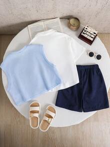 SHEIN Little Byeori 3件套儿童/青少年/女孩可爱小熊印花蓝色无袖背心、白色短袖衬衫和藏蓝色短裤套装，适合春夏季节日常穿着、上学、户外活动和运动。 - 藍色 - 查看 7