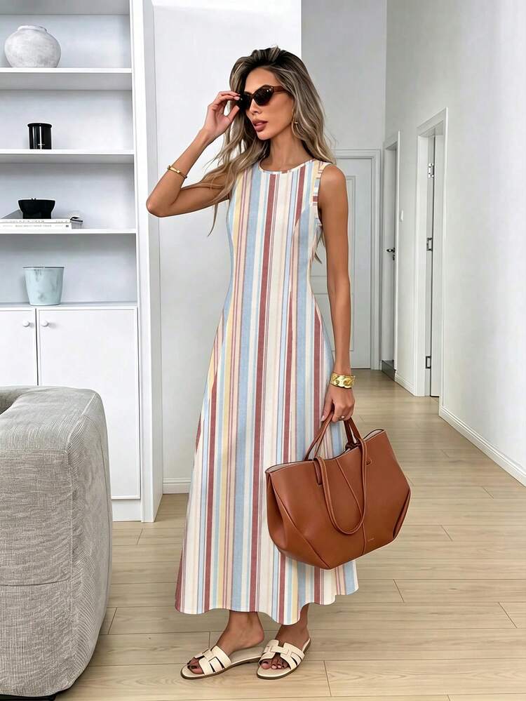 SHEIN LUNE Women's Casual Sleeveless Round Neck Dress, Suitable For Summer Daily Wear, Sleeveless Waist-Cinched Elegant Long Dress, Suitable For Summer Casual Outings - Multicolor - View 5