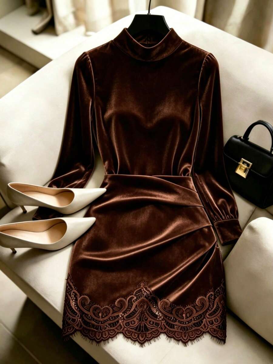 GlowEve Women's Elegant Mature Solid Color Stand Collar Lace Patchwork Dress Dinner Party Dark Brown Autumn - Brown - View 1