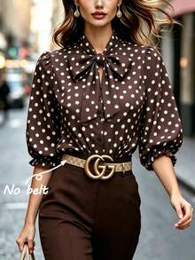 SHEIN Brown All-Over Print White Small Polka Dot Collar Large Bowknot Blouse With Puff Shoulders, Ruffle Trim Mid-Sleeves, Single-Breasted Round Buttons, Cinched Waist, Versatile Base Layer Shirt - Multicolor - View 2