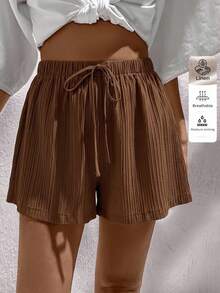 SHEIN LUNE 2 buah celana pendek kasual wanita warna cokelat dan krem. - MultiWarna - View 4