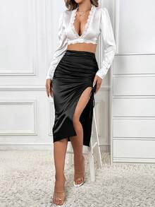 SHEIN Privé Falda con cordón de muslo con abertura de satén - Negro - Ver 4