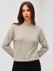 SHEIN Orluneo 女士休闲宽松落肩纯色毛衣，适合秋冬季节，长袖针织套头衫 - 杏色 - 查看 2