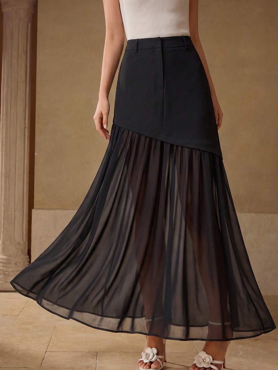 Anewsta Women's New Fashion TR Skirt With Chiffon Patchwork, Flowy Long Black Skirt, Women's Outing , Women's Elegant , Women's Black Skirt