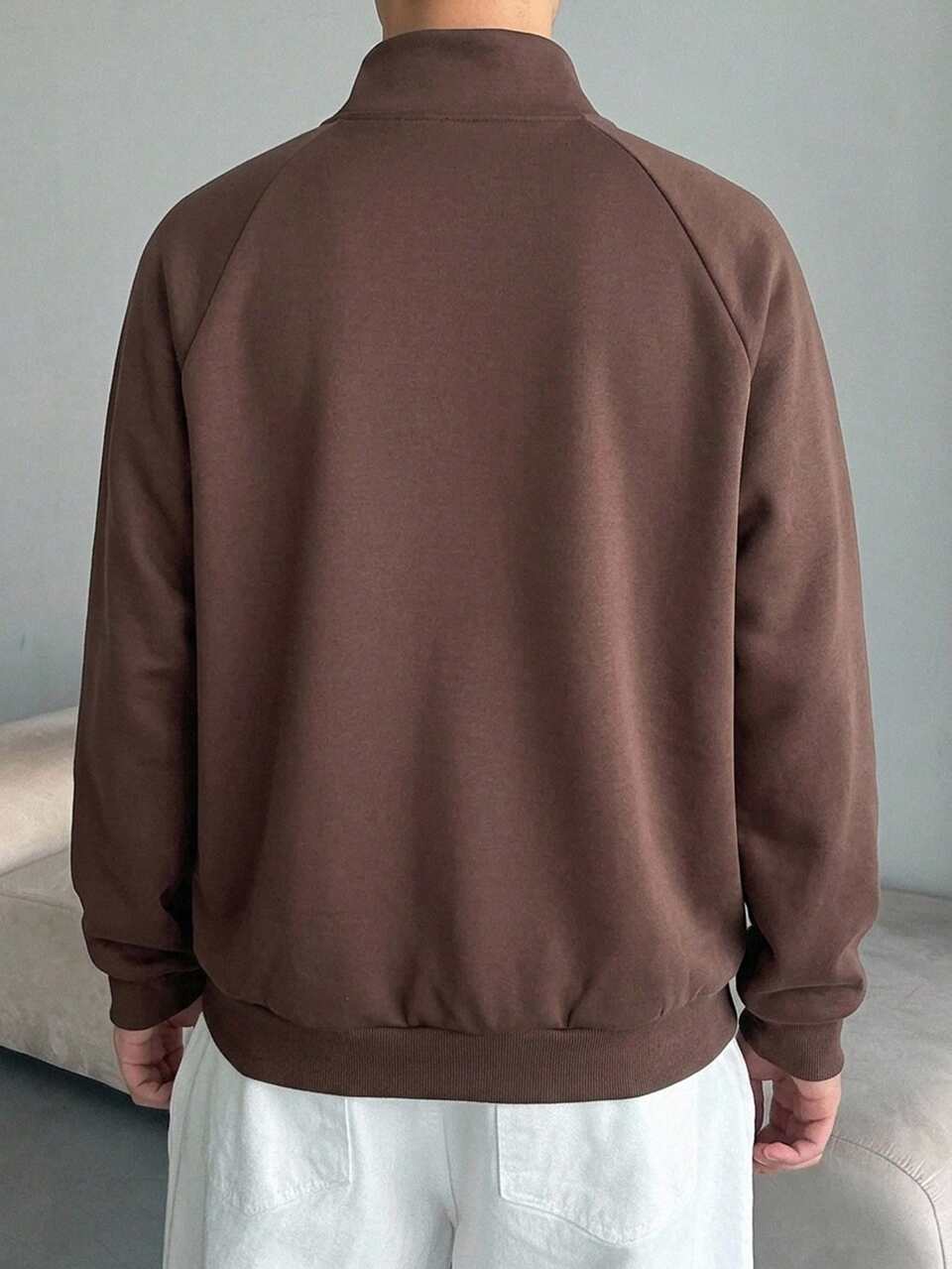Brown Stand Collar Half-Zip Raglan Sleeve Patchwork Design Knit Comfortable Air Layer Fabric Men's Pullover Sweatshirt