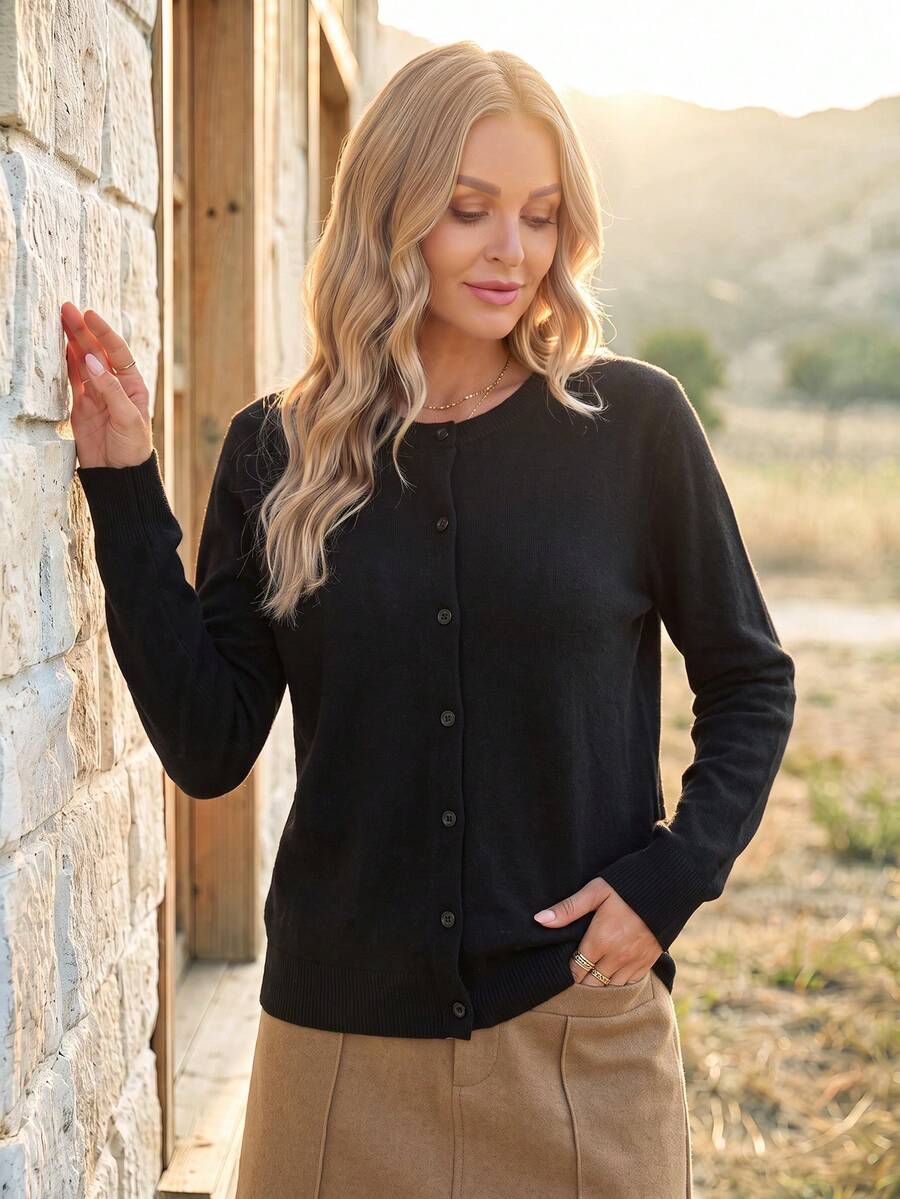 EMERY ROSE Cardigan Wanita Lengan Panjang Model Longgar Kasual Warna Polos untuk Musim Gugur/Dingin, Atasan Lengan Panjang Pakaian Musim Gugur untuk Wanita - Hitam - View 1