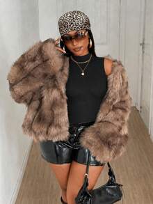 Maweii Women's Fashion French Elegant Old Money Style Luxury Light Brown Tie-Dye Round Neck Short Long Sleeve Faux Fur Coat For Work, Outing, Party, Holiday, Winter, Plus Size - Brown - View 6