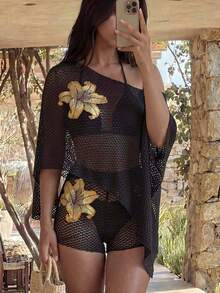 Sirith 2026 New Women's Black Summer Bohemian Exquisite Hollow-Out Semi-Sheer Mesh Open Shoulder Printed Beach 2 Pieces Cover-Up Set - Black - View 3
