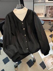 Franclia V-Neck Button Rhombus Stitching Women Padded Coat - Black - View 8