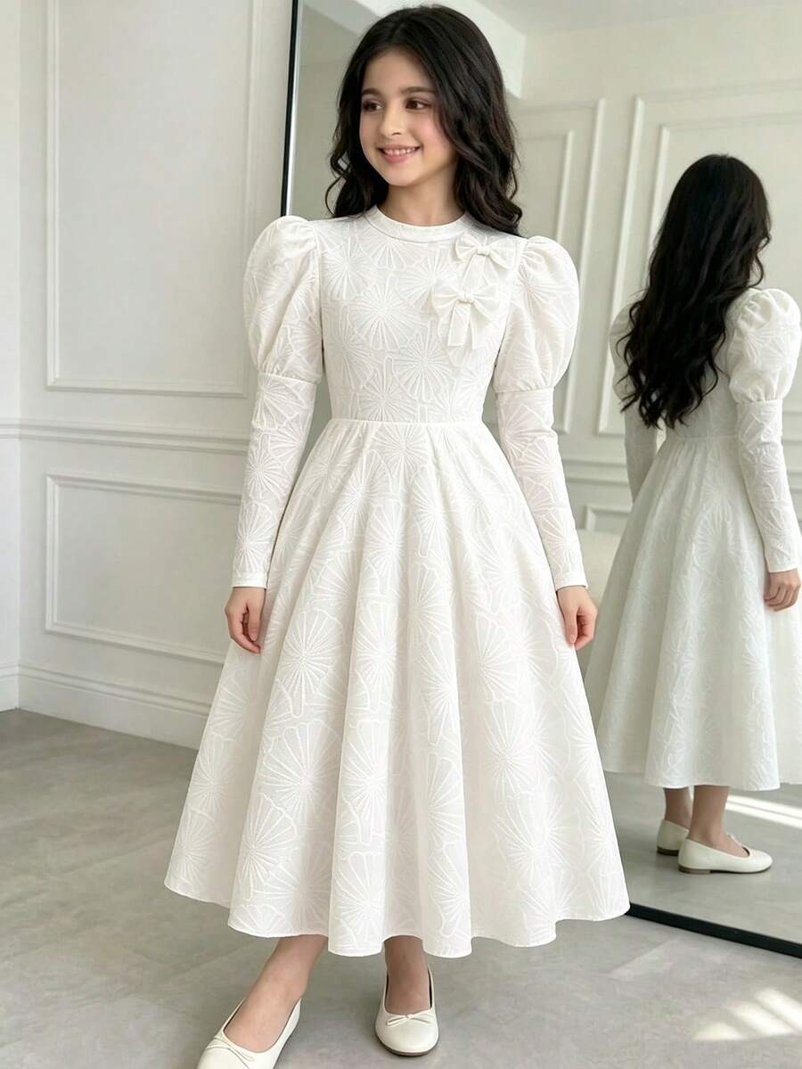 SHEIN Girls' Elegant Sweet Design Textured Knit Dress With Large Bow Decor And Puff Long Sleeves, Suitable For Vacation, Daily Wear And Parties - White - View 1