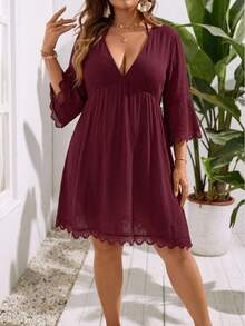 Swim Lushoire V-Neck Lace Patchwork Flared Sleeve Plus Size Coverup Dress For Summer Beach Vacation - Burgundy - View 2