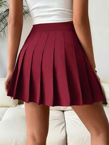 SHEIN PariChic Casual Solid Color Pleated Shorts Skirt For Summer - Burgundy - View 7