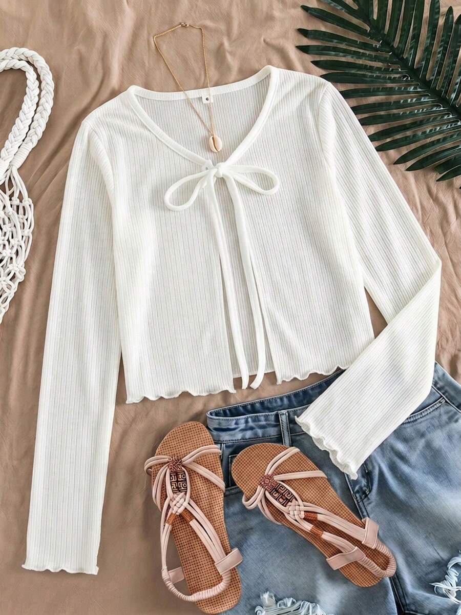 SHEIN Young Girl Young Girl White Knit Winter Cardigan With Frill Trim Autumn - White - View 1