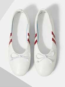 Mnmlis Simple Commuter Burgundy Parallel Bars Bow Round Toe Flat Bottom Beige Soft Leather Low Vamp Shoes Casual Shoes Fall Shoes - Off-white - View 1