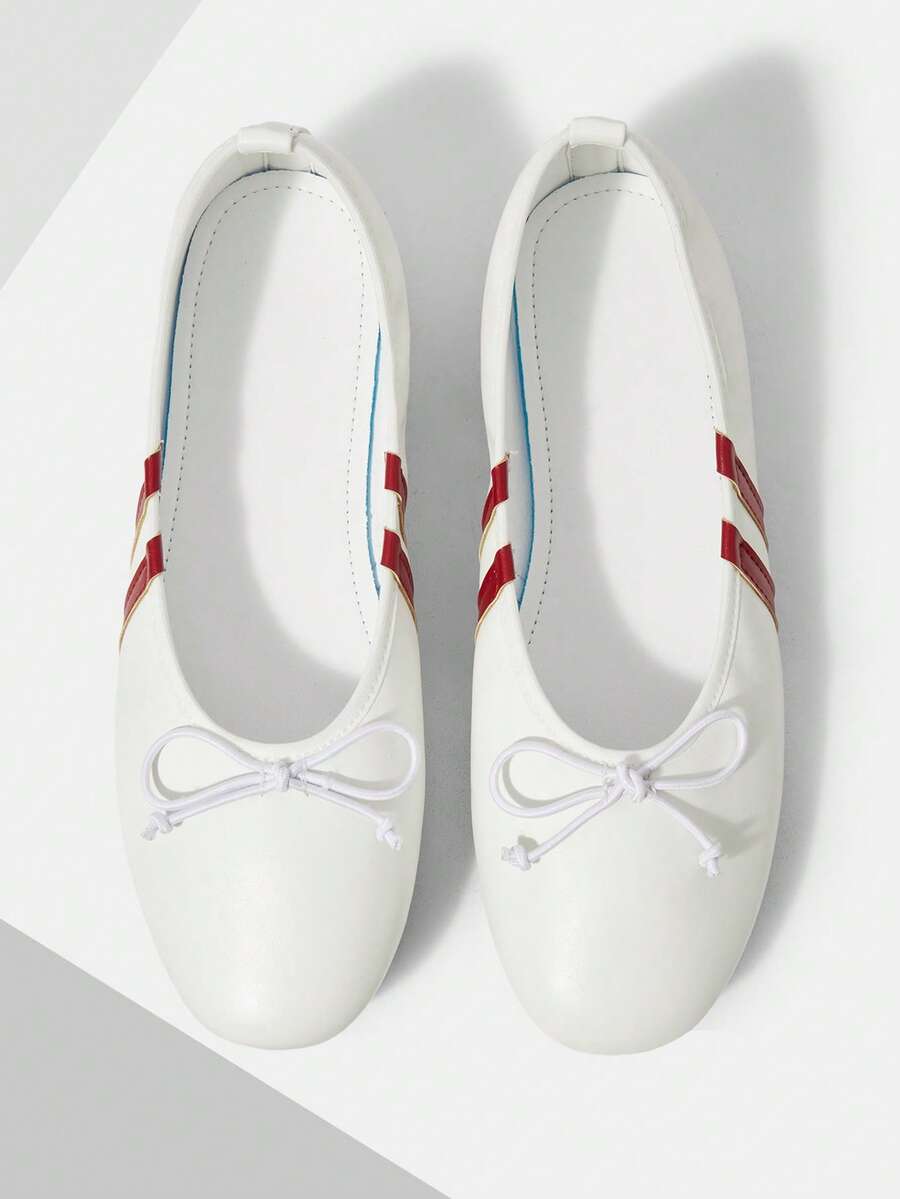 Mnmlis Simple Commuter Burgundy Parallel Bars Bow Round Toe Flat Bottom Beige Soft Leather Low Vamp Shoes Casual Shoes Fall Shoes - Off-white - View 1