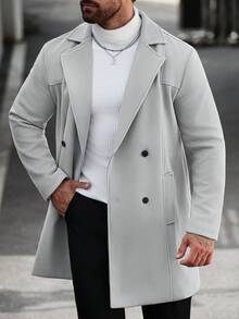 Manfinity CasualCool 男士純色鈕扣式長袖黑色大衣，秋冬風格 - 灰色 - 查看 8