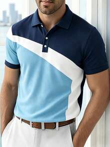 Manfinity Mode Men's Diagonal Colorblock Patchwork Polo Shirt, Summer Collared Polo Shirt - Multicolor - View 3