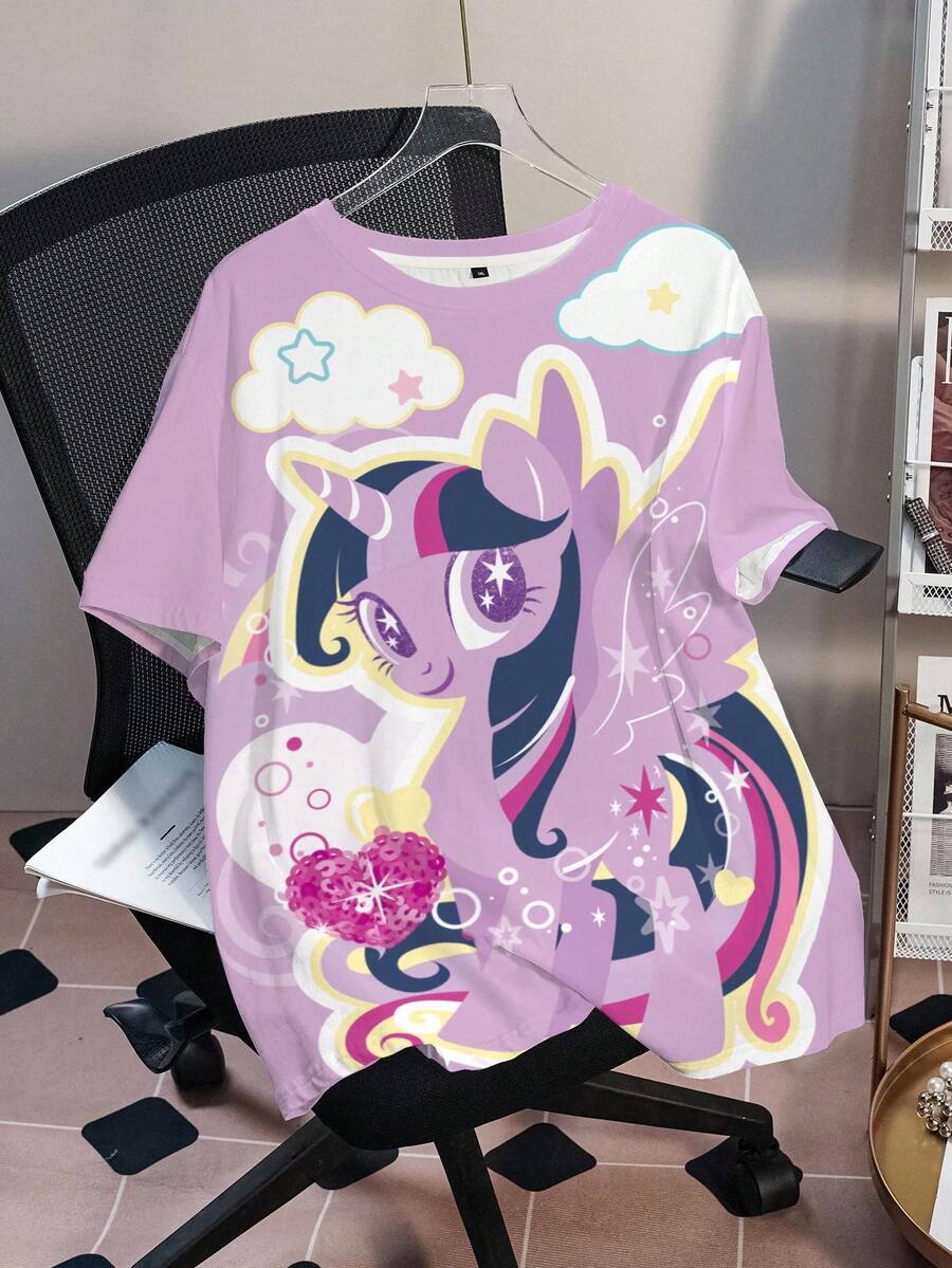 My Little Pony X SHEIN Plus Size Summer Casual Cartoon Print T-Shirt - White - View 1