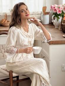 Snug Reverie Lace Trim Patchwork Lantern Sleeve Hollow Out Women's Pajama Set Home Sleep White Autumn Kawaii Elegant - Champagne - View 6